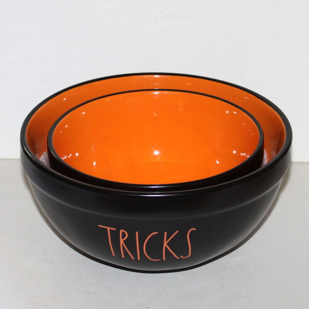 Set 2 Rae Dunn Magenta Halloween candy Bowls Tricks Treats ceramic black orange